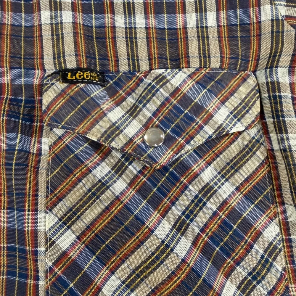 Vintage Lee Mens Plaid Western Pearl Snap Shirt Brown Blue Made in USA Medium